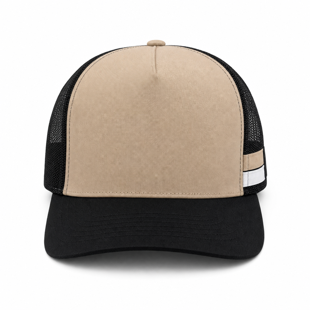 High Crown Snapback Cap with Twin Side Stripes and Mesh Panels