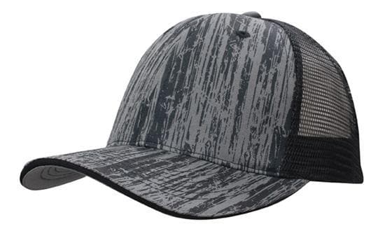 Structured 6-Panel Trucker Cap with Wood Print & Mesh Back