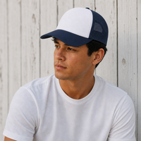 Rapper Flex High Crown Trucker Cap with Mesh Panels thumbnail 250 navy hat white front moodboard