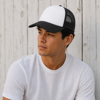 Rapper Flex High Crown Trucker Cap with Mesh Panels thumbnail 22 black hat white front moodboard