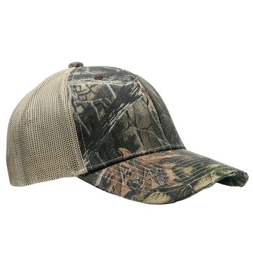 6-Panel Distressed Structured Trucker Cap with Camo Mesh Back