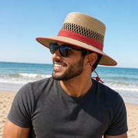 Natural Straw Wide Brim Hat with Orange Trim - S/M, L/XL thumbnail 7